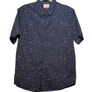 CACTUS MENSWEAR Short Sleeve Button Up Shirt Navy Blue Star Moon Print Sz Large